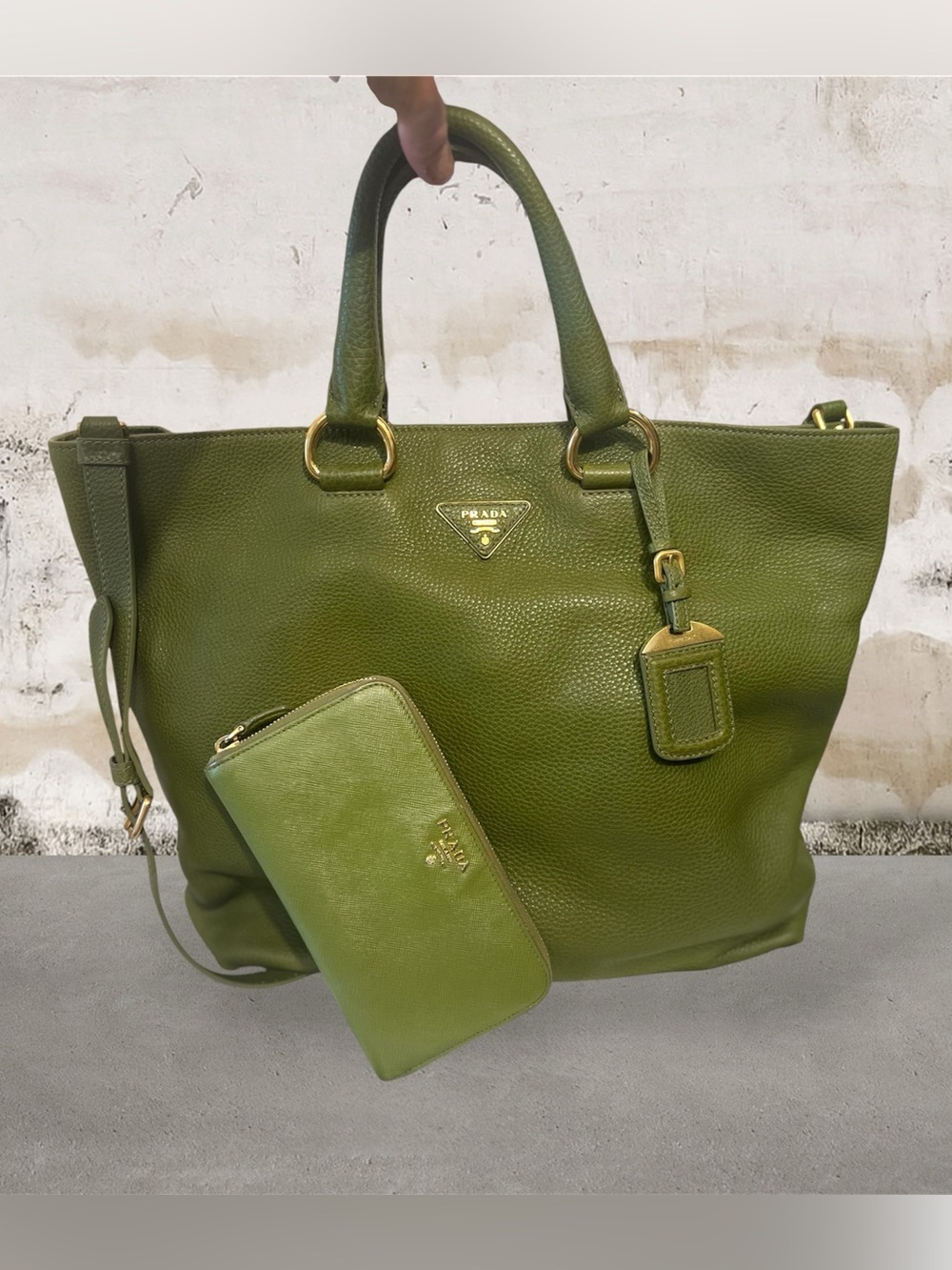 Authentic Prada Cedro Vitello Daino Leather Large Shopping Tote & Wallet.